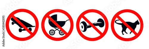 Icons on a transparent background with a red prohibition sign: a ban on baby carriages, skates, gyroscooters and animals