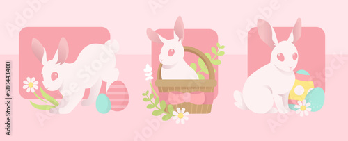 Easter rabbits with pastel colored eggs and flowers vector illustrations