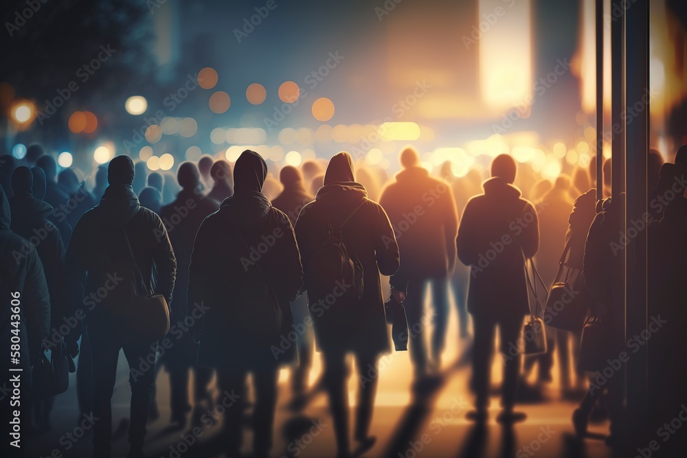 illustration, people walking down the street at night, blurred background, ai generative
