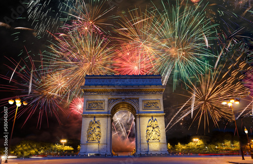 New Year fireworks display over the Arc de Triomphe, Paris. France