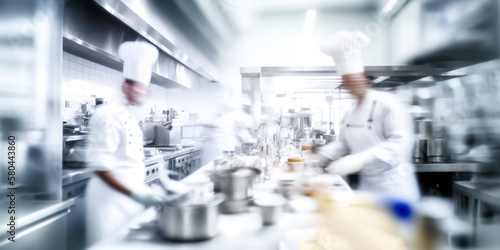 Chefs cooking in professional kitchen. Blurred restaurant kitchen. Motion chefs of a restaurant kitchen. digital ai art 