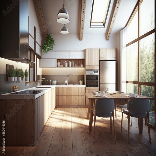 Illustration of modern light trendy kitchen. Wooden kitchen in spring decor. Generative AI