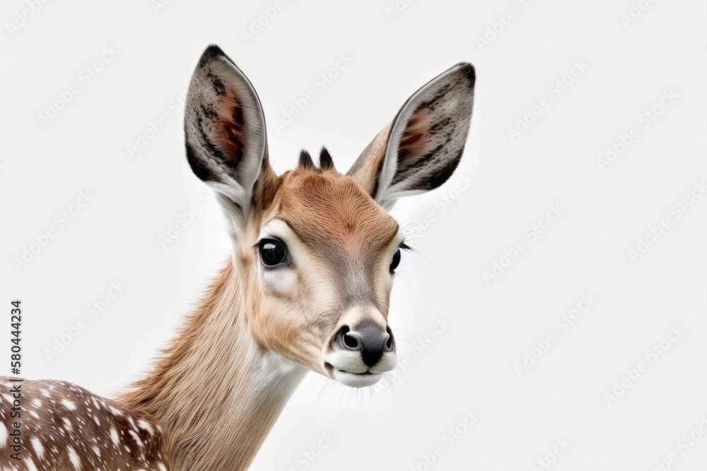 fallow deer, dama dama, doe watching until the camera went blank. A picture of a female animal looking at something, with a white background. Back of the head with blank space. Generative AI fallow deer, dama dama, doe watching until the camera went blank. A picture of a female animal looking at something, with a white background. Back of the head with blank space. Generative AI