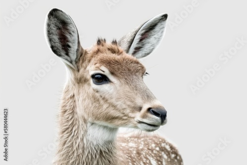 fallow deer, dama dama, doe watching until the camera went blank. A picture of a female animal looking at something, with a white background. Back of the head with blank space. Generative AI