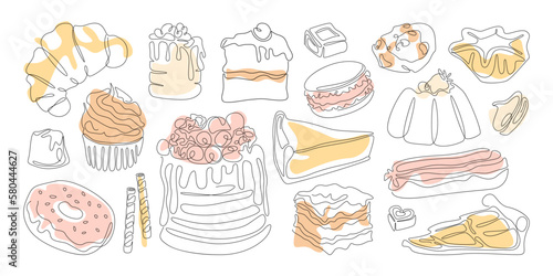 Line art desserts. Tasty pastry. Croissant, cake, cookie, pie, eclair, doughnut, candy, bread sticks, brownie, cupcake