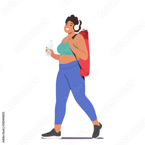 Happy Plump Woman Carrying Yoga Mat As She Walks Towards A Gym. Female Character Promote Fitness And Healthy Lifestyle
