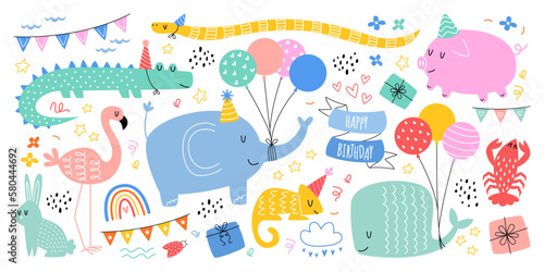 Hand drawn abstract birthday animals flat illustrations. Cute cartoon wild animals celebrate birthdays