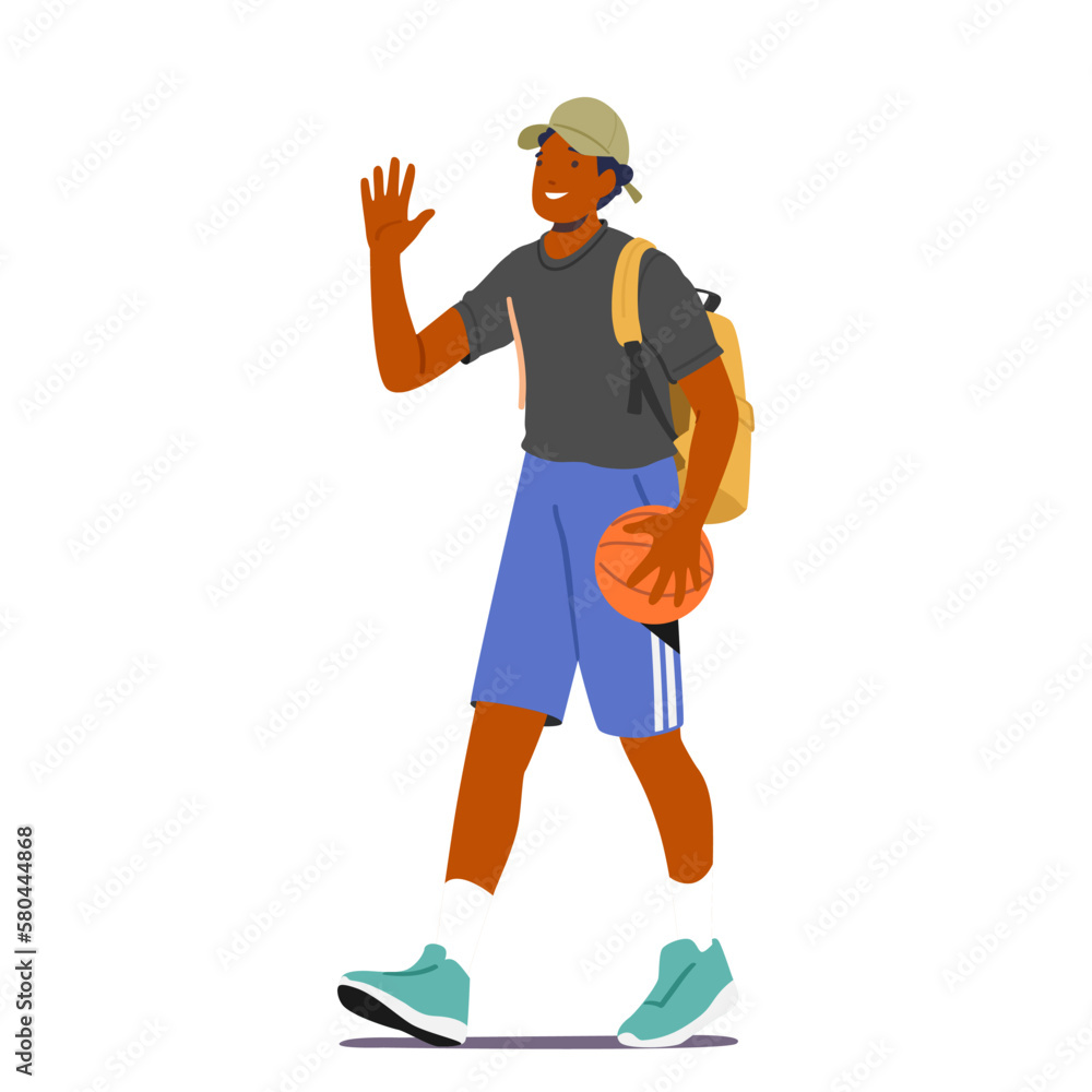 Cheerful Male Character With Backpack And Basketball Ball Walking Towards A Gym. Man Engaged In Sport, Fitness, Wellness Cheerful Male Character With Backpack And Basketball Ball Walking Towards A Gym. Man Engaged In Sport, Fitness, Wellness