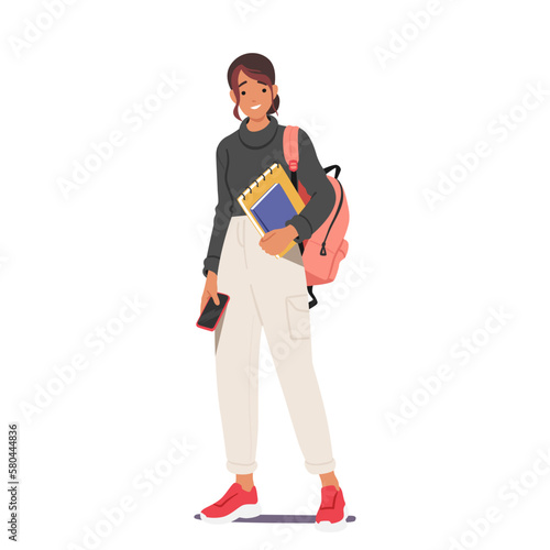 Student Girl Character With Backpack And Books Portrays An Enthusiastic Learner On Her Way To School Vector Illustration