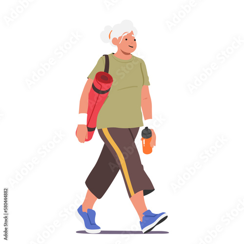 Senior Female Character With Yoga Mat Walking Towards A Gym. Woman Determination To Lead A Healthy Lifestyle