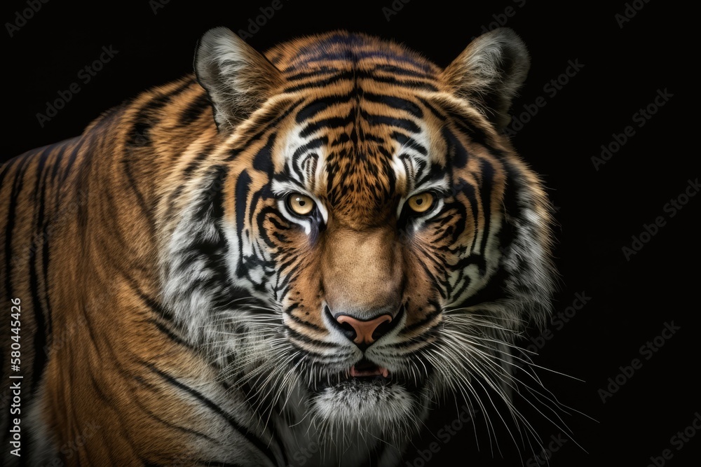 Fototapeta premium Face of an angry Sumatran tiger, angry animal, head of a Sumatran tiger up close with a gray background. Generative AI