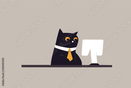 The cat works at the laptop at home. Flat illustration.