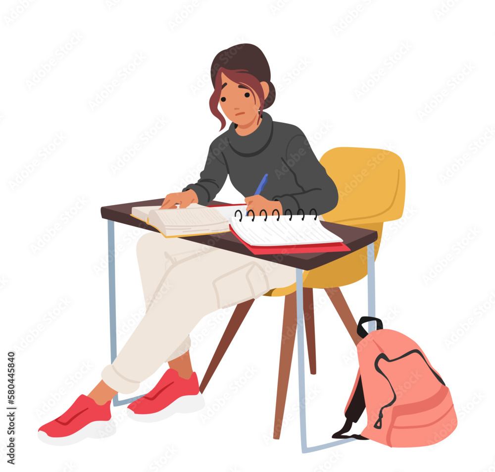 Character. Student Girl Seated At Desk With Papers, Diligently Reading Textbook Or Academic Educational Materials Character. Student Girl Seated At Desk With Papers, Diligently Reading Textbook Or Academic Educational Materials