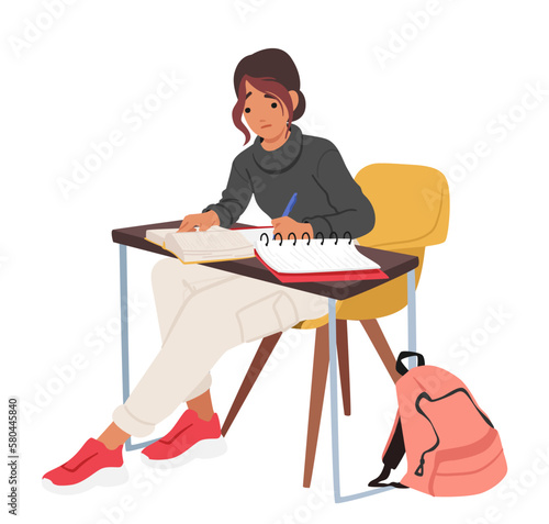 Character. Student Girl Seated At Desk With Papers, Diligently Reading Textbook Or Academic Educational Materials