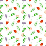 Seamless watercolor pattern with illustration of spring flowers, leaves.