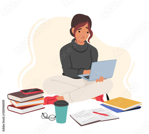 Female Student Character Sitting On Floor With Laptop And Books, Creating A Comfortable Study Space