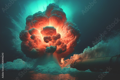 Pipeline explosion underwater, Gas pipeline fire boils underwater. Blast Gas Pipeline undersea. Undersea gas pipeline ruptured. Underwater explosion. Nord Stream pipe Destroyed. AI Generate