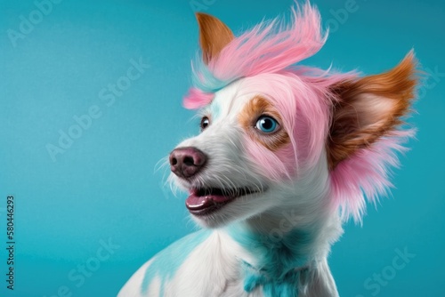 Funny side view of a dog with a pink wig licking on a blue background. Teenage hair style that is stylish and kooky. Cute pet Jack Russell terrier with its tongue out and its eyes up. The latest style © AkuAku