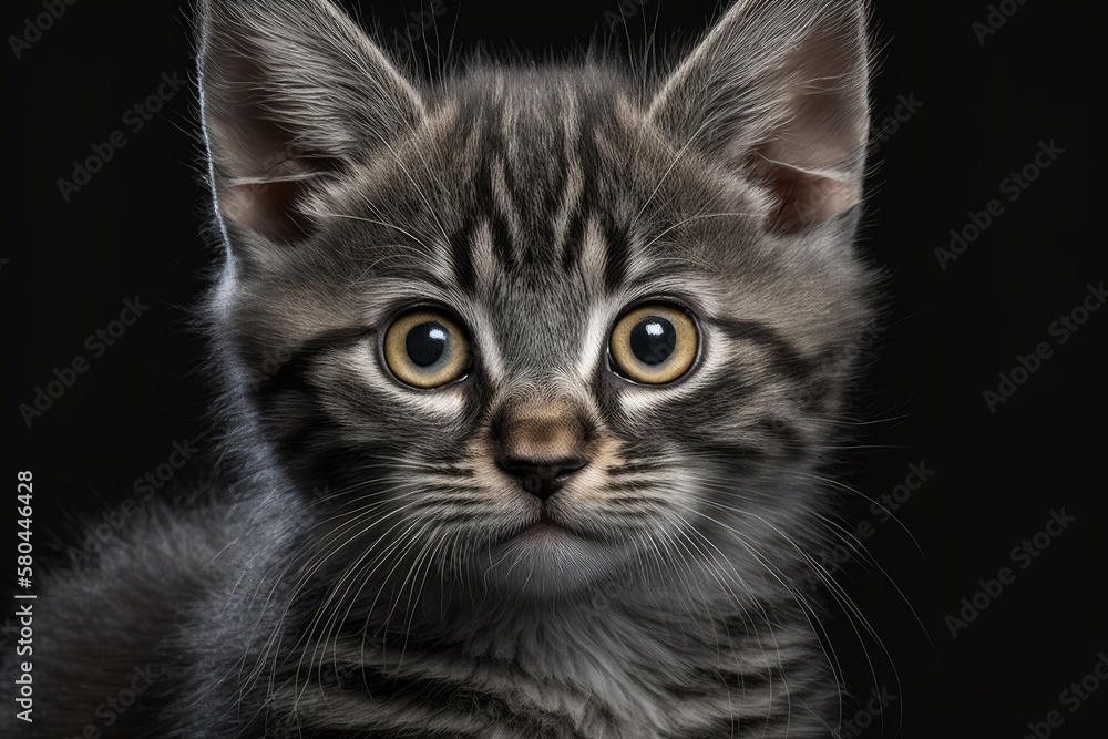 Close up portrait of a gray kitten staring straight into the camera on a black background. Generative AI