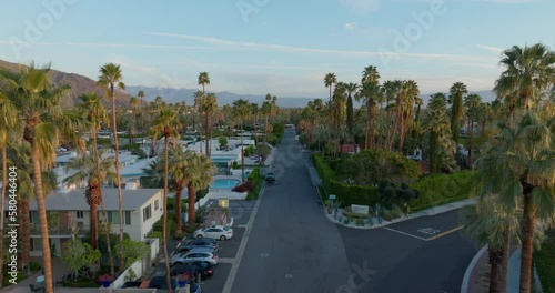 Aerial Drone view of Midcentury Houses in Palm Springs California. Aerial shot of Palm Springs California. snow capped mountains in the desert palm Springs. 