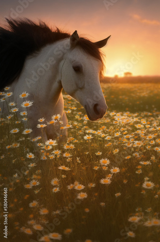 Horse on green lawn with daisies at sunset. Beautiful horse on green grass with wild flowers, chamomile. Generative AI.