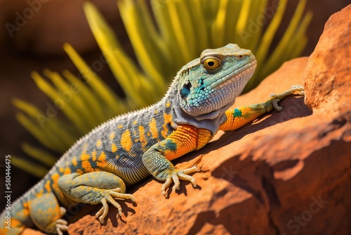 Crotaphytus collaris, a type of collared lizard, is warming up on a rock in the Sonoran Desert. In the American Southwest, a close up of a large, colorful lizard. A brightly colored native reptile sun © AkuAku