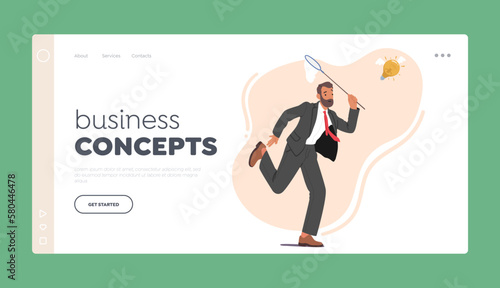 Business Concepts Landing Page Template. Businessman Character Chasing Flying Light Bulb Trying to Catch with Net
