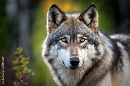 Close up portrait of a grey wolf (Canis Lupus), also called a Timber wolf, with an aggressive look on its face in the Canadian forest in the summer. Generative AI