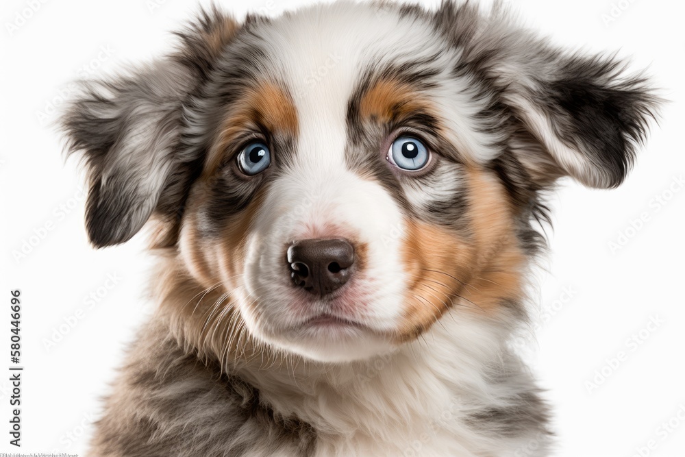 Australian Shepherd puppy named Merle looking at the camera against a white background. Generative AI Australian Shepherd puppy named Merle looking at the camera against a white background. Generative AI