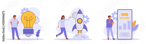 Business Startup Concept illustrations. Collection of scenes with people building new business, planning strategy, generating ideas. Vector illustration