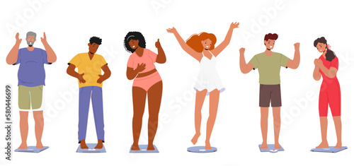 Set of Male and Female Characters Standing On Scales, Measuring Their Weight Loss or Gain Progress. Concept of Health
