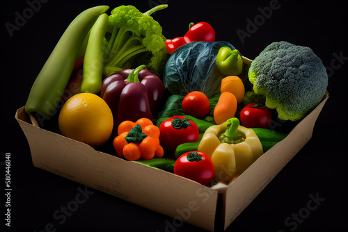 Vegetable in carton box. Vegetables and fruits in carton package after harvest. Broccoli  carrots  tomatoes  capsicum  cucumbers from farm store. Fresh fruits market. Ai Generative illustration.