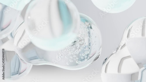 essential Oil Bubbles for cosmetics in water. blue liquid bubbles, fluid flow. Collagen, atoms floating, Moisturizing Cream, Skin Serum, Vitamin, beauty concept, 3d render