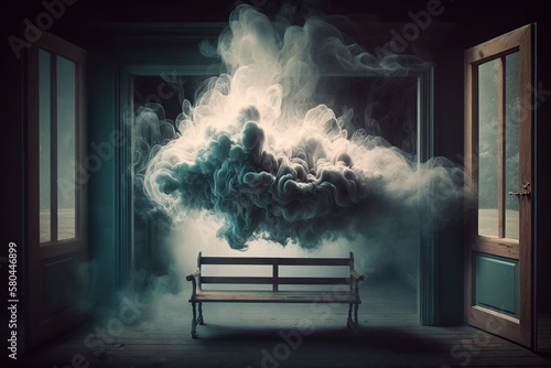 illustration, room with a bench in the center and smoke, generative ai