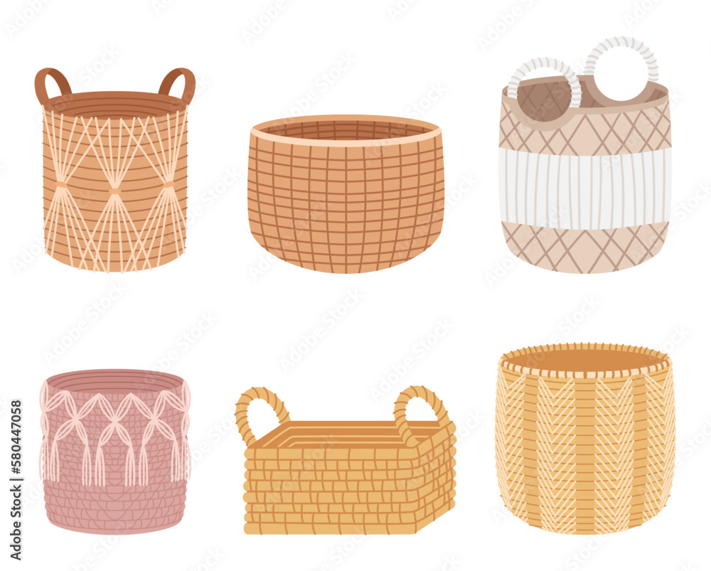 Set Of Wicker Baskets, With Varying Sizes And Shapes Made From Natural Materials. Rustic Hampers for Food, Flowers