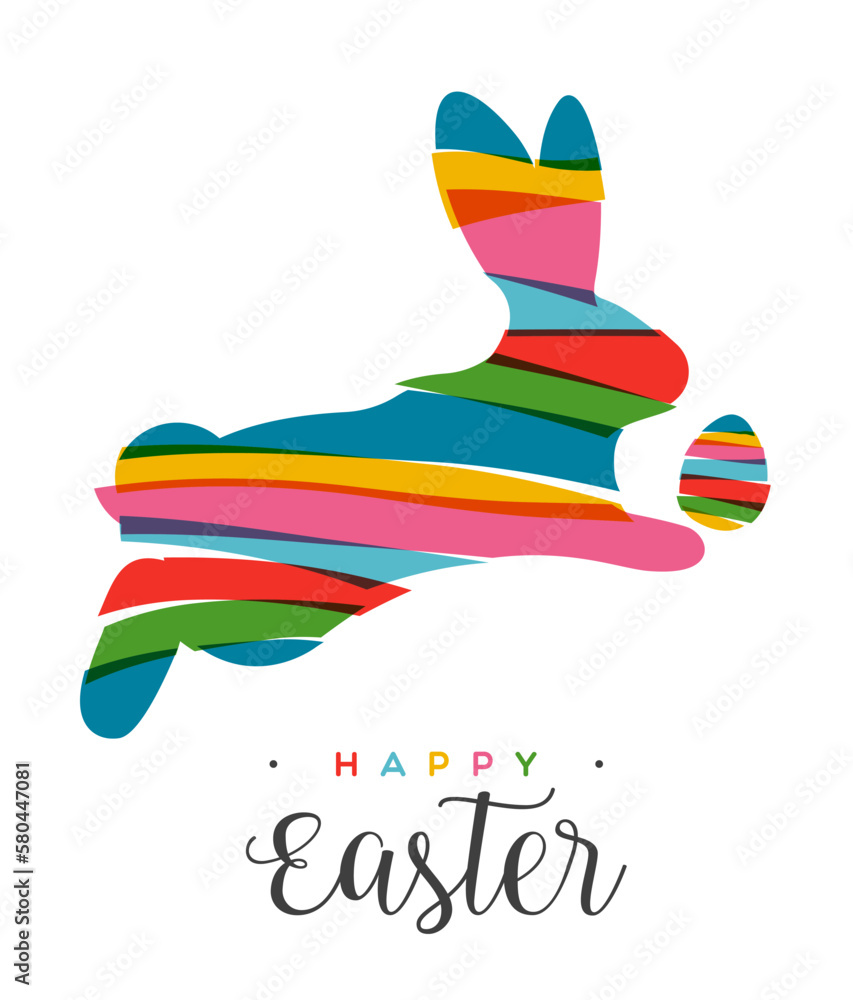 Jumping Easter bunny and egg in transparent bright colors in cutout