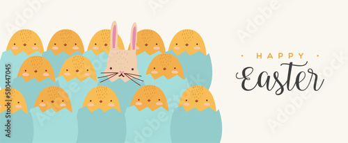 Cute easter eggs with chicks and rabbit in flat banner design