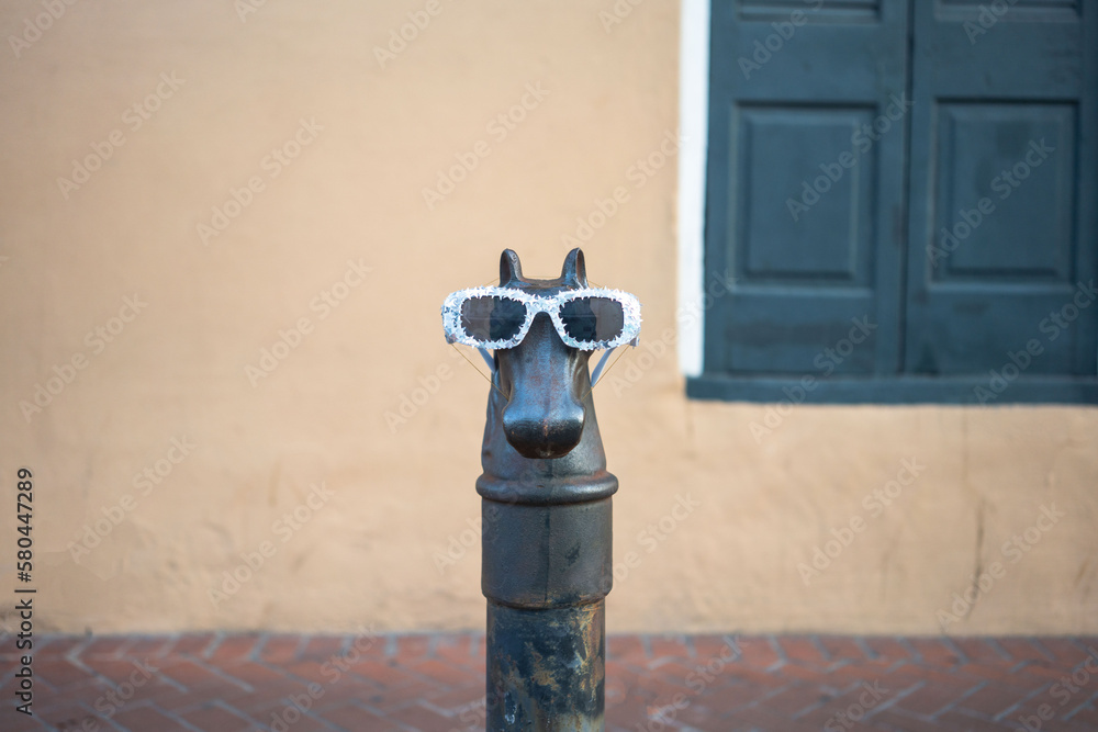 Ornate horse hitching post in the French Quarter of New Orleans, with sunglasses on for Mardi Gras - Centred Ornate horse hitching post in the French Quarter of New Orleans, with sunglasses on for Mardi Gras - Centred