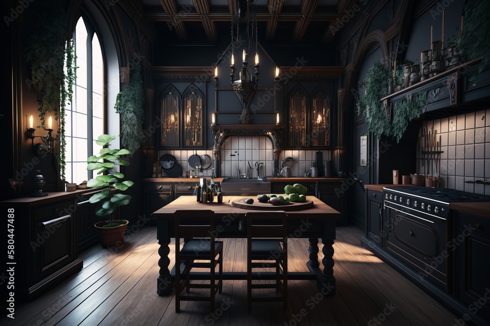 Luxury gothic style kitchen interior. Black and dark kitchen design. AI generated.