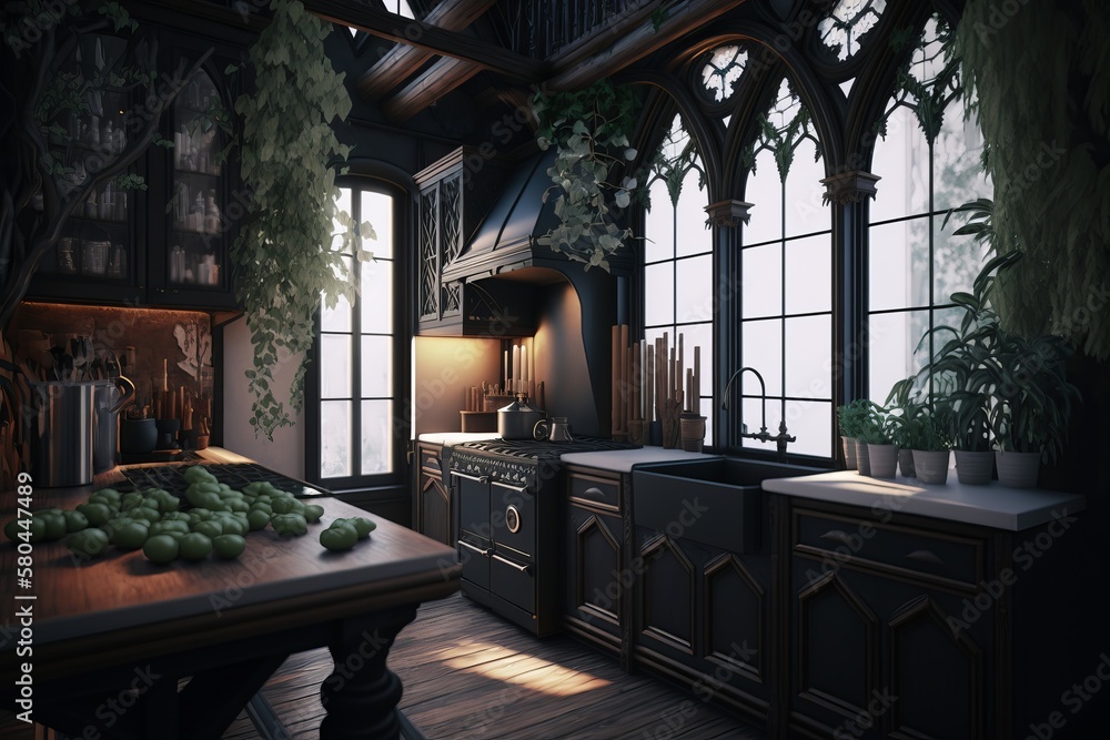Luxury gothic style kitchen interior. Black and dark kitchen design. AI generated.