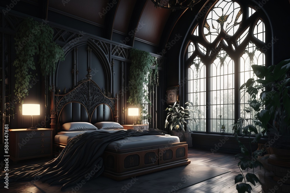 Luxury gothic style bedroom interior. Black and dark kitchen design. AI