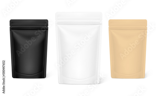 Pouch bag mockups with zipper mockup isolated on white background. Vector illustration. Front view. Can be use for template your design, presentation, promo, ad. EPS10.