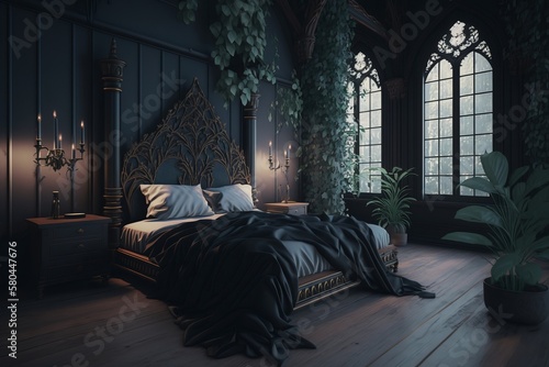 Luxury gothic style bedroom interior. Black and dark kitchen design. AI generated.