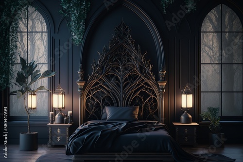 Luxury gothic style bedroom interior. Black and dark kitchen design. AI generated.