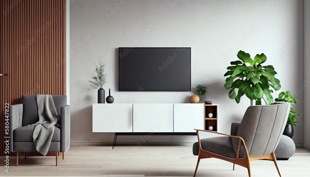 Mock up wall mounted tv with cabinet and armchair on white wall background. - Generative AI Mock up wall mounted tv with cabinet and armchair on white wall background. - Generative AI