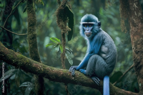 Blue diademed monkey, Cercopithecus mitis, sitting on a tree in its natural forest habitat, Bwindi Impenetrable National Park, Uganda, Africa. A cute monkey with a long tail sitting on a big branch of