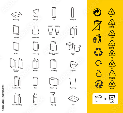 A set of packaging type icons for recycled sorting. Vector elements are made with high contrast, well suited to different scales. Ready for use in your design. EPS10.	