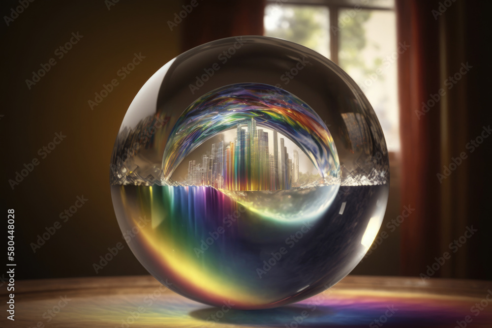 big glass ball inside which you can see a city, rainbow colors, decoration