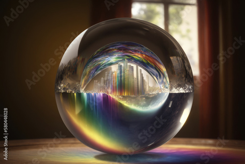 big glass ball inside which you can see a city, rainbow colors, decoration