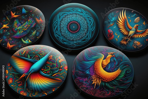 colorful abstract frisbee discs to play in park, summer, objectless motifs